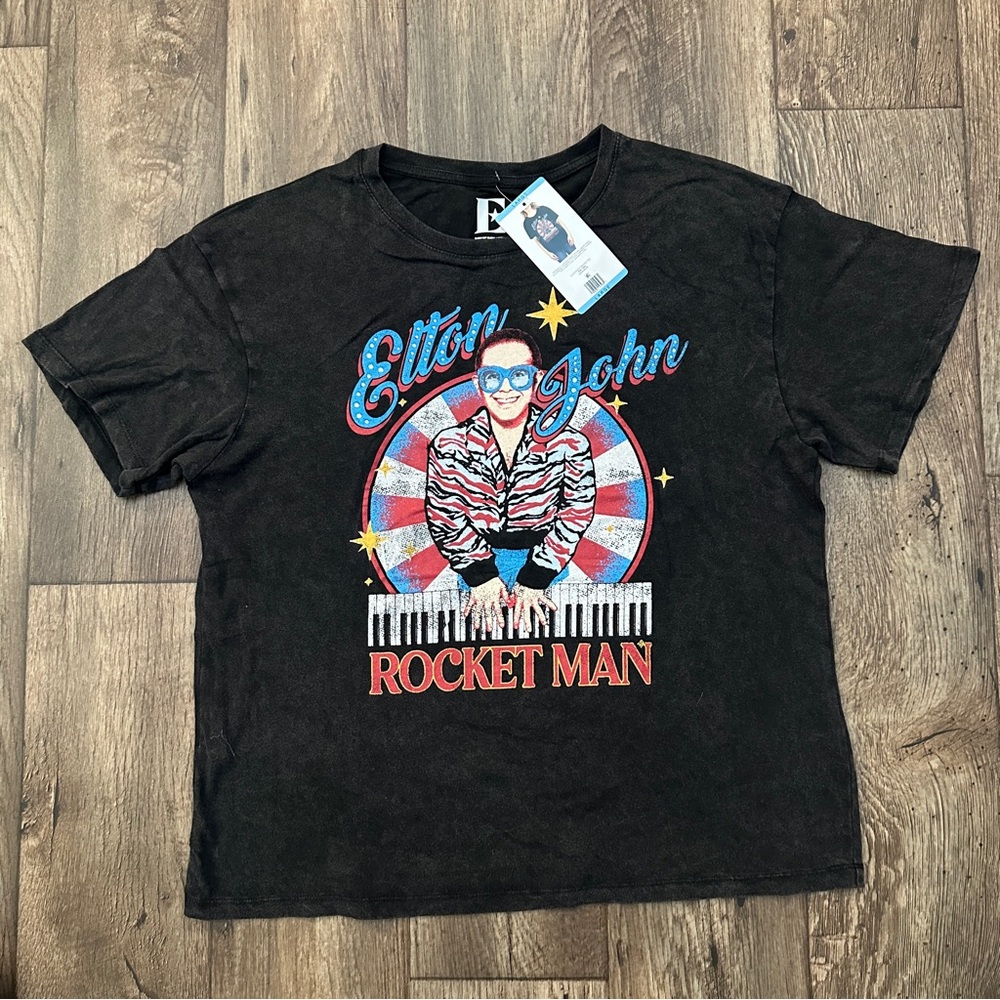 Elton John Rocket Man 100% Cotton Graphic T-Shirt Women's Size L Black